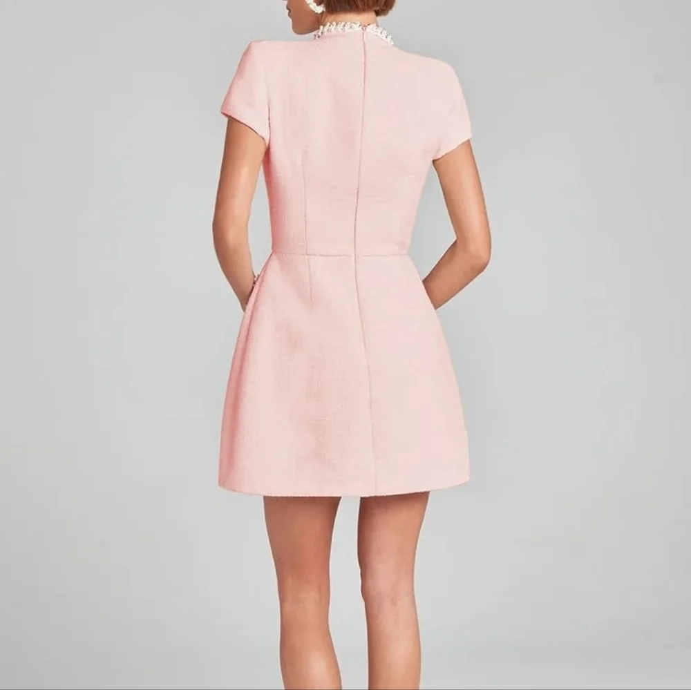 Lefung Pink Tweed Pearl Trim Details Mini Dress High Neck Short Sleeve - Size L - Picture 2 of 7